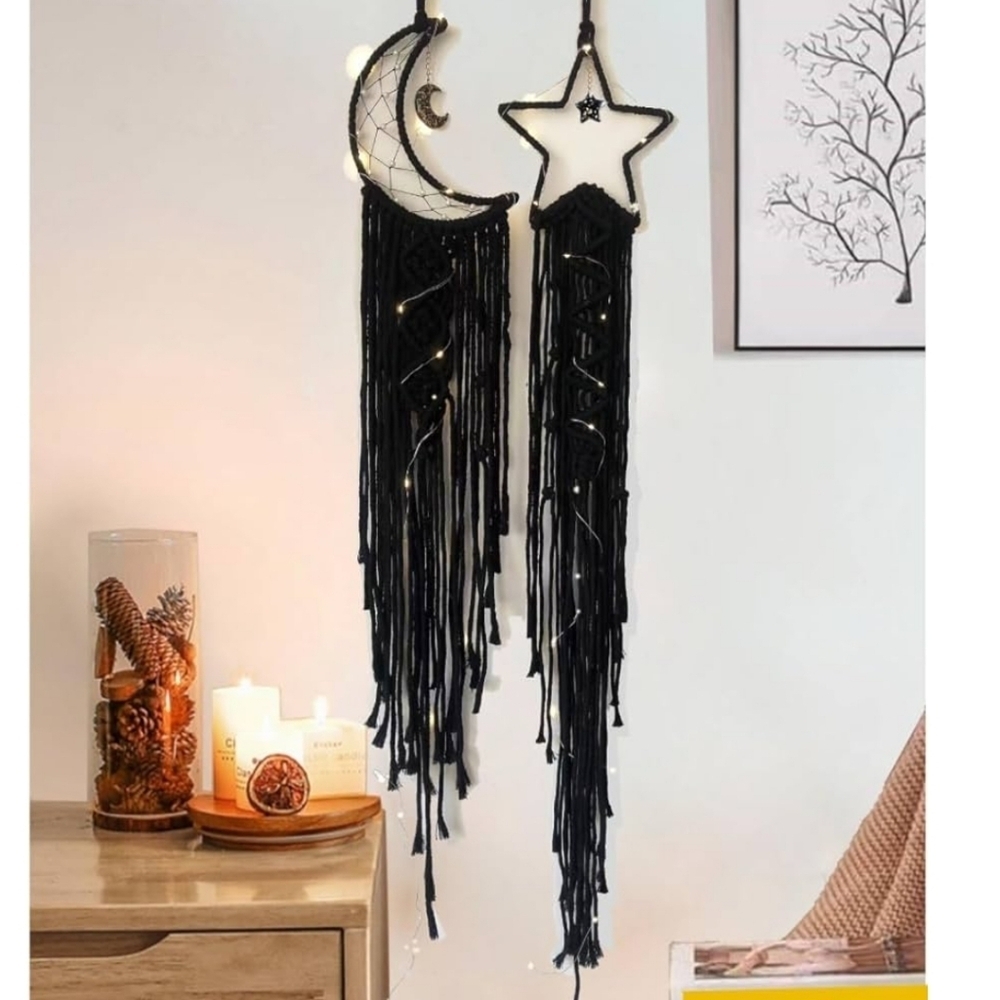 Mystical Black Moon and Star Macrame Lighted Dream Catcher New (Some Assembly)